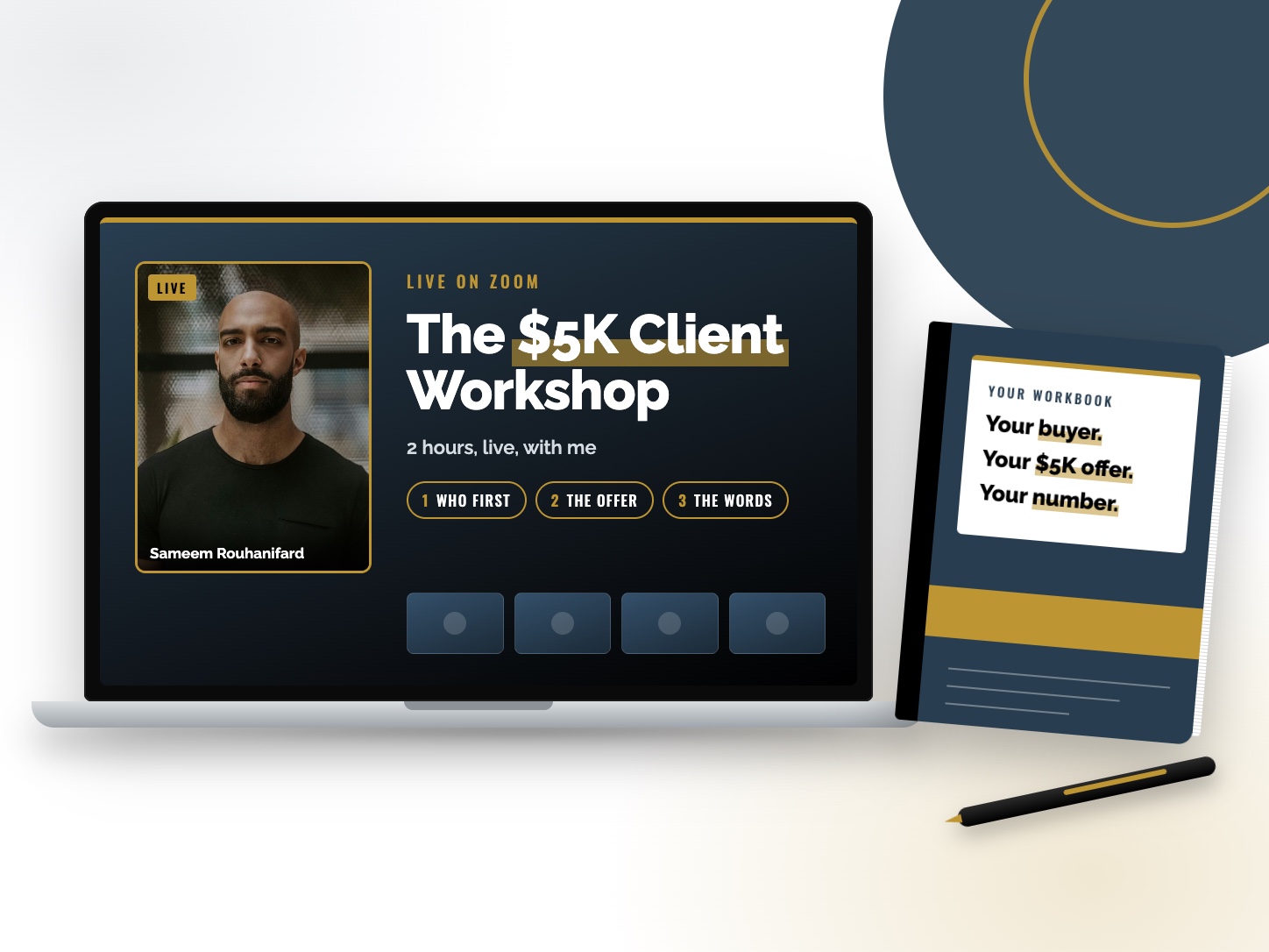 The $5K Client Workshop on a laptop with Sameem Rouhanifard on screen, and a workbook beside it with the lines: your buyer, your $5K offer, your number