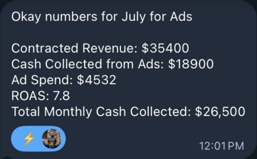 Jules's message with her July numbers for ads: contracted revenue $35,400, cash collected from ads $18,900, ad spend $4,532, ROAS 7.8, total monthly cash collected $26,500